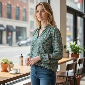 M&S Collection Green Pop Floral Print Blouse Womens Shirt‎ UK 14 US 10 Artsy